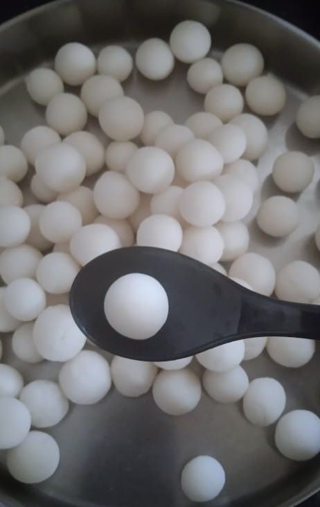 Step 1.1: Make small balls from the dough and steam them until the rice is cooked, about 10 minutes