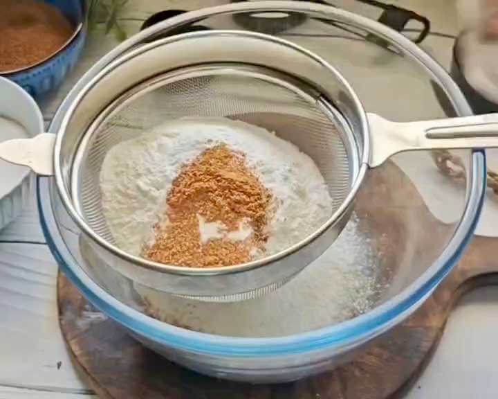 Step 2.1: Sieve together all-purpose flour, baking soda, baking powder, nutmeg powder, cinnamon powder, and salt