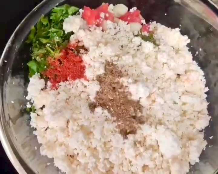Step 1.1: Add mashed paneer, salt, red pepper powder, and garam masala
