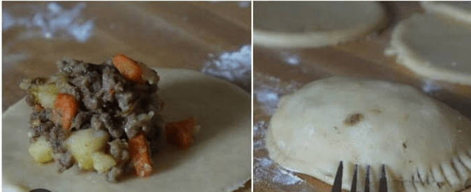 Step 3.1: Place a spoonful of the beef filling in the center of each dough circle