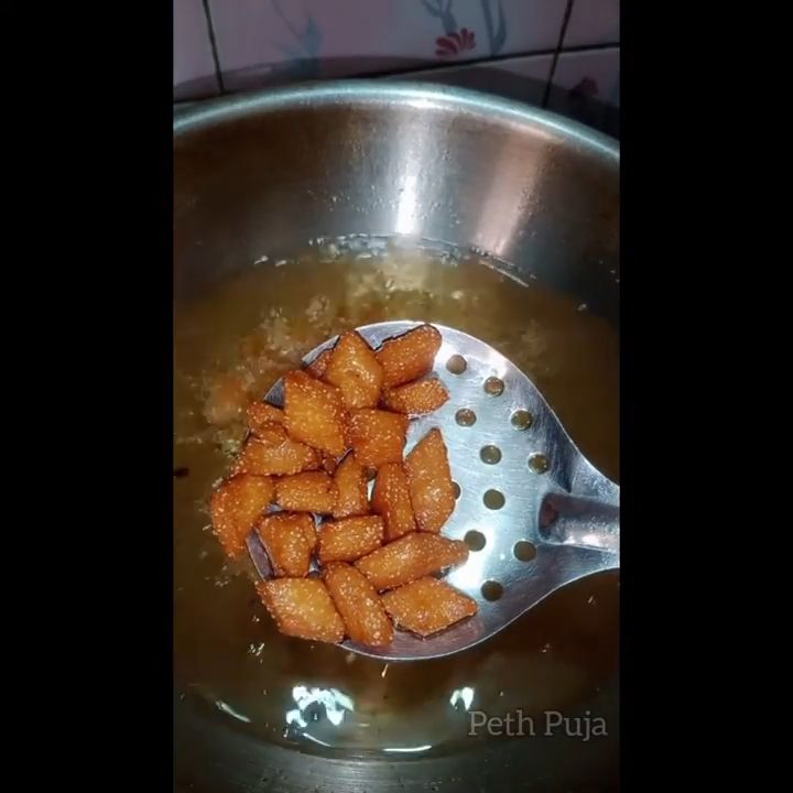 Step 1.1: Deep fry the squares on medium to low flame until golden and crispy