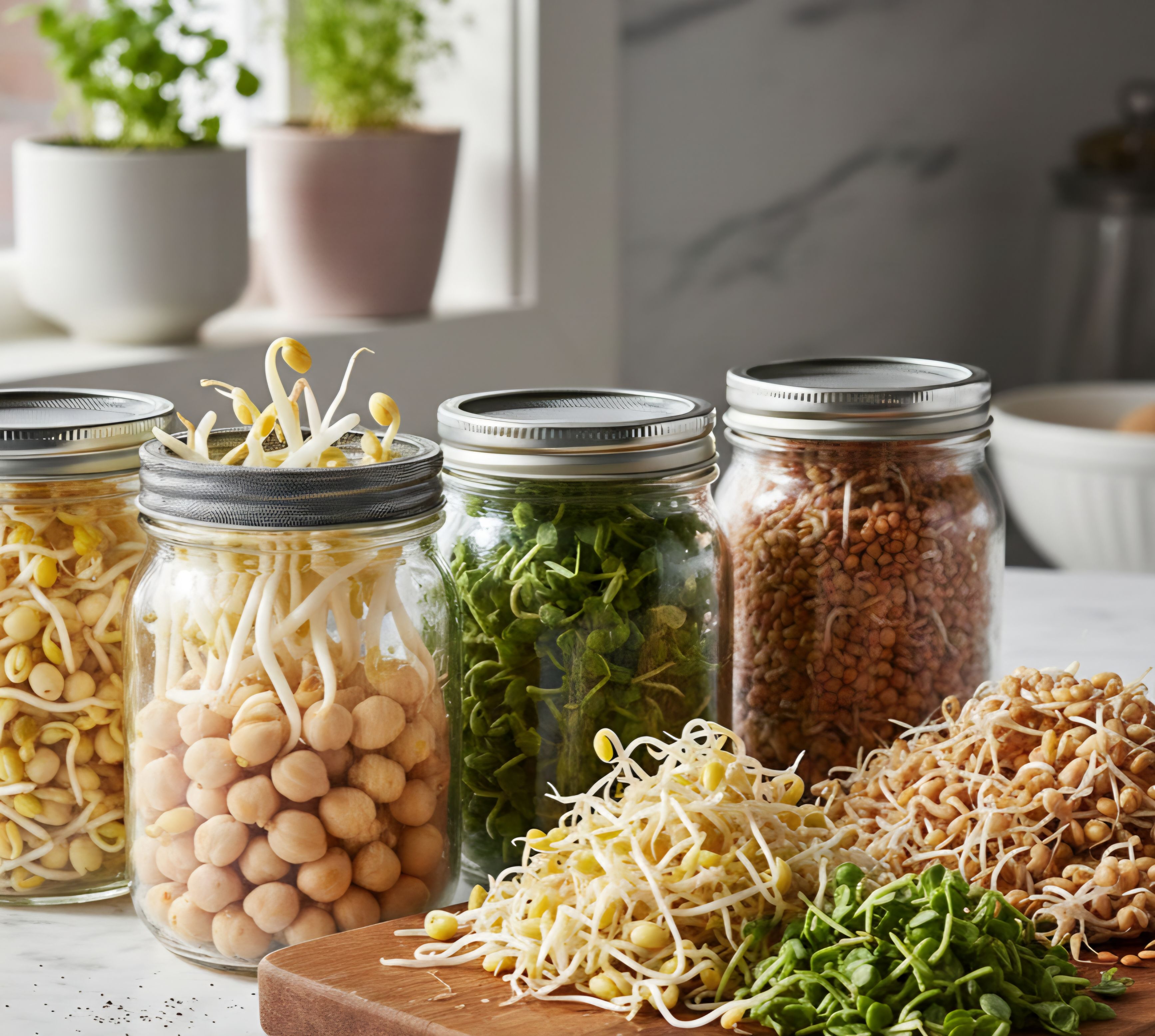 3 mason jars of different kinds of sprouts