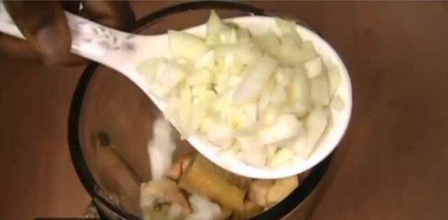 Step 3.4: Add the prepared onion, pepper, stock cube, crayfish, and finally the plantain flour mixture or the already blended unripe plantain