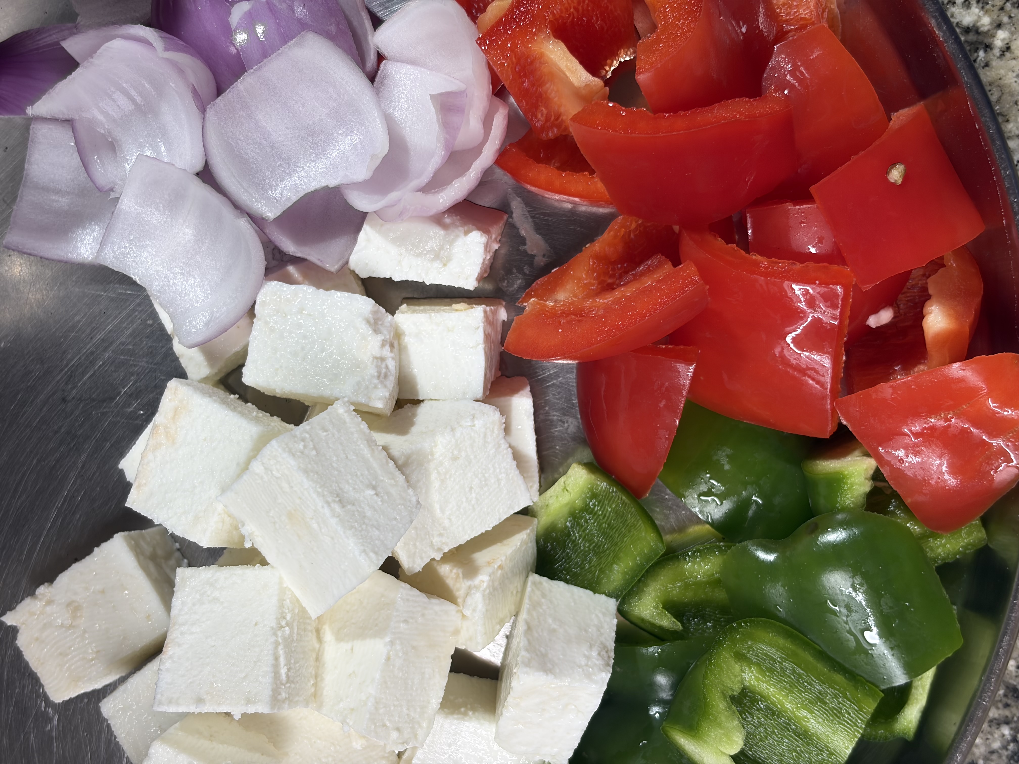 Step 1.1: Cut paneer, onion, and capsicum into equal-sized cubes