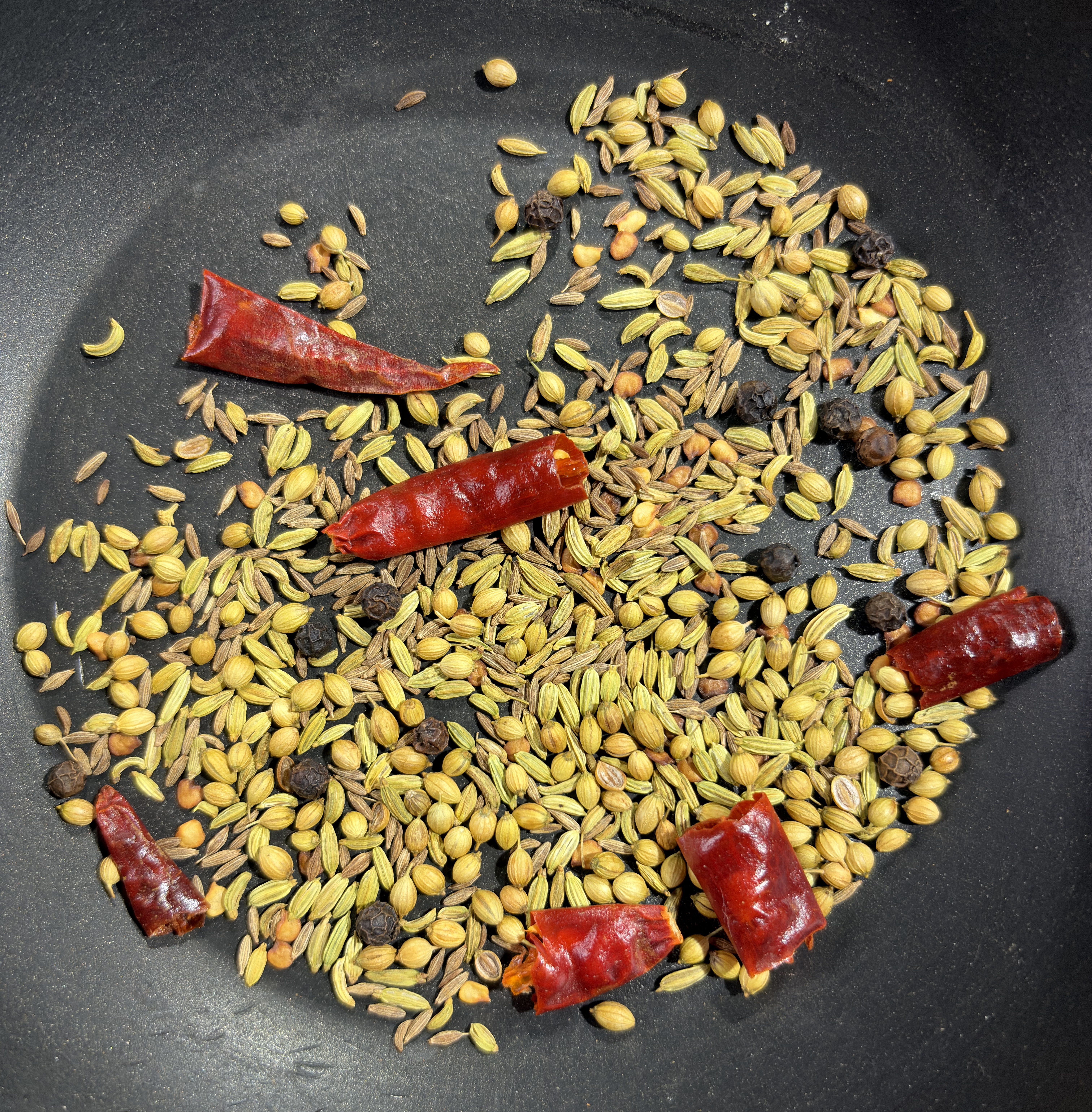 Step 3.1: Heat a pan over medium heat and dry roast the coriander seeds, cumin seeds, peppercorns, fennel seeds, and dry red chillies for about 1 minute until fragrant