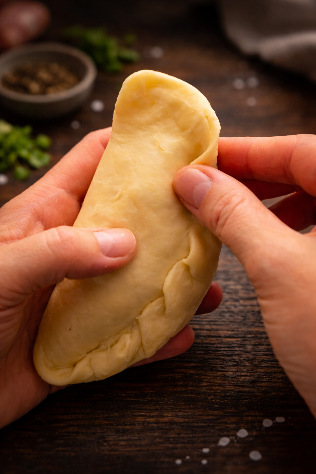Step 3.1: Starting from one end, create the braid by pinching a small section of dough from the top edge and folding it over toward the center, pressing it lightly