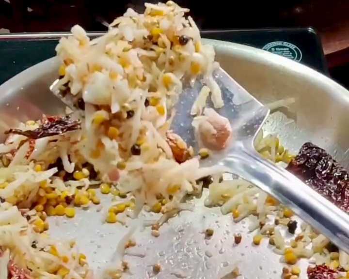 Step 1.1: Cook coriander seeds, chana dal, urad dal, fenugreek seeds, bedagi chilli, fresh coconut, cinnamon stick, and black pepper corn one by one
