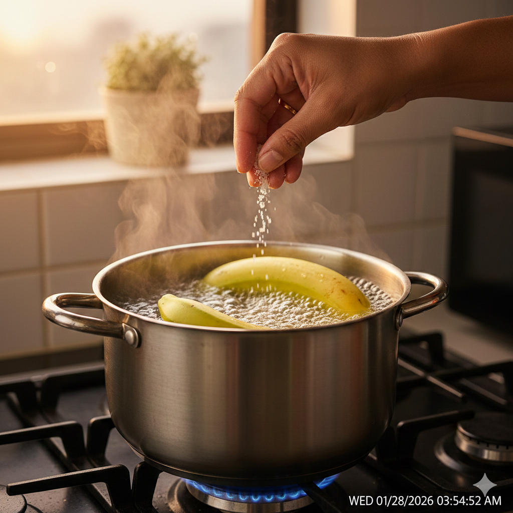 Step 1.1: Place bananas in a pot, cover with water, add a pinch of salt, and boil for 15–20 minutes until soft but not mushy