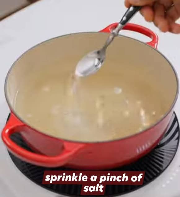 Step 1.2: Bring water to a boil , add washed rice and sprinkle a pinch of salt into the almost boiling water