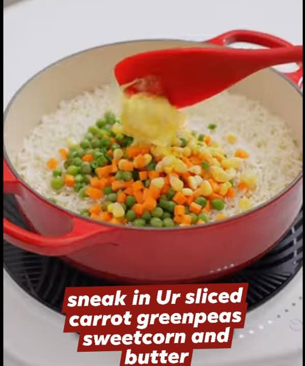 Step 1.1: Add the diced carrot, sweet corn, green peas, and butter