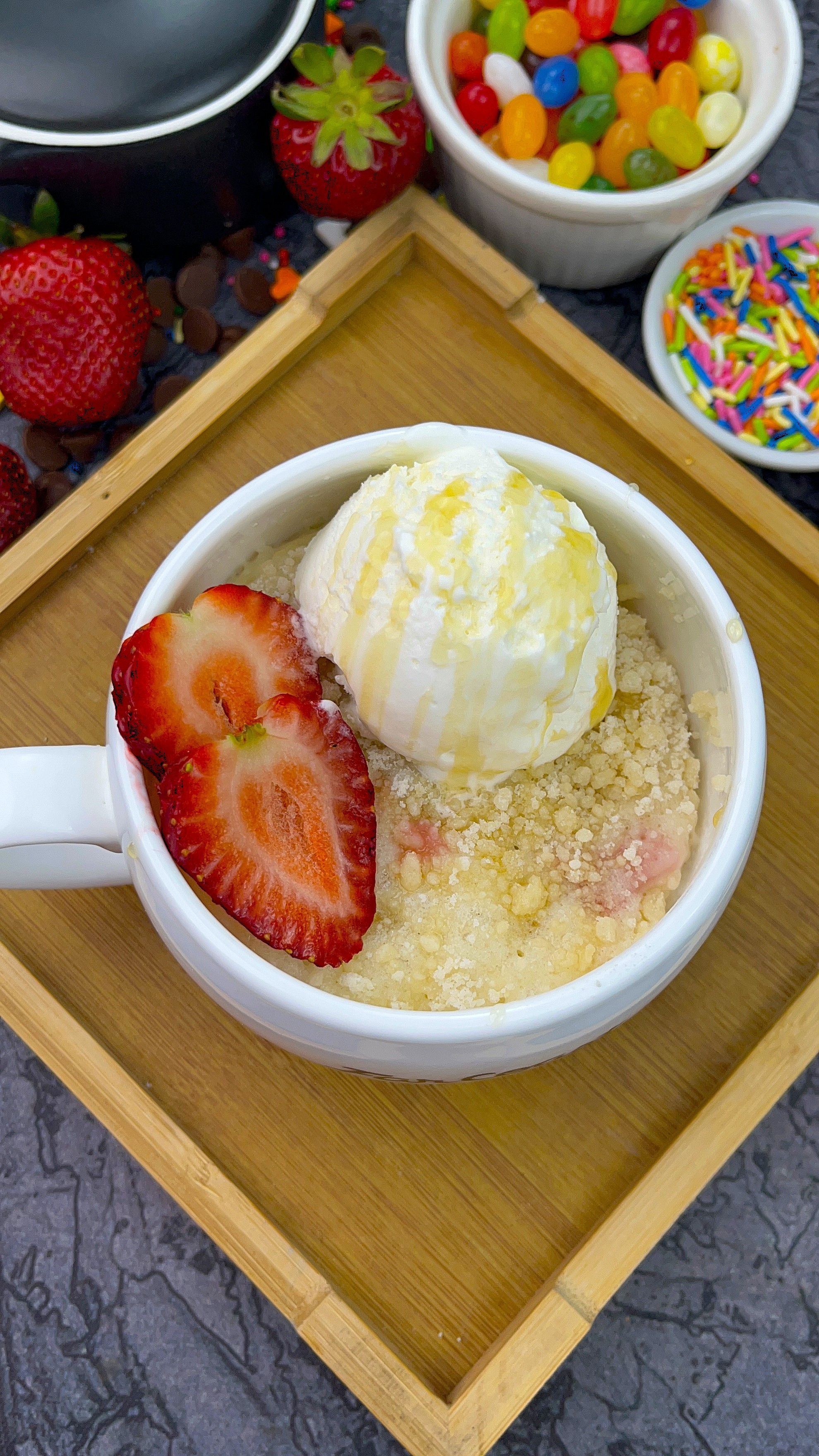 Eggless Strawberry Mug Cake with Crumble Topping (Bakery Style)(Microwave – No Oven!) recipe