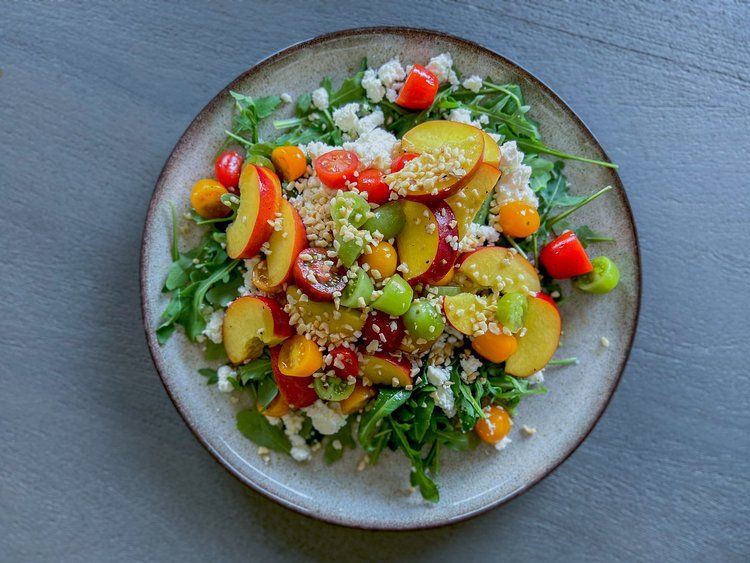 Peach and Tomato Salad with Orange Blossom and Honey Dressing recipe