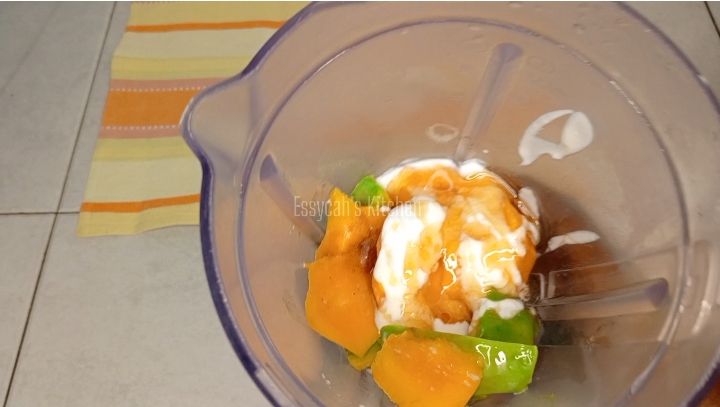 Step 1.2: In your blender mixture ,add in your fruits all together, add 1/4 table spoons of cinnamon powder ,half a glass of milk, plain yogurt and 2 table spoons of Honey