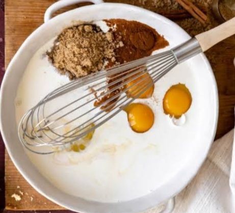 Step 1.2: In a bowl, whisk together the milk, eggs, sugar, vanilla extract, cinnamon (if using), and a pinch of salt