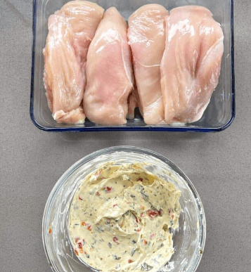 Step 1.1: Stuff each chicken breast with the cream cheese mixture, then press the edges to seal