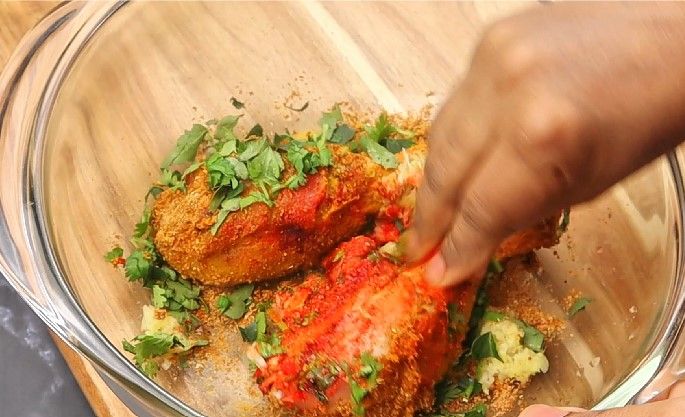 Step 1.6: Add ginger garlic paste, curry leaves, coriander leaves, lemon juice, and red food color (if using)