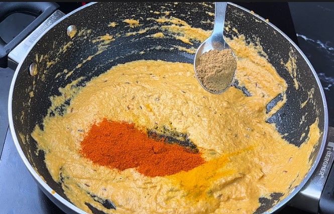 Step 2.3: Add turmeric, Kashmiri chilli powder, coriander powder, cumin powder, garam masala, and salt