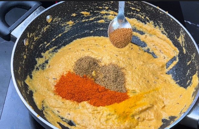 Step 2.5: Add turmeric, Kashmiri chilli powder, coriander powder, cumin powder, garam masala, and salt
