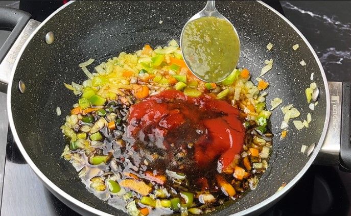 Step 2.4: Add tomato ketchup, vinegar, soy sauce, chili sauce, salt, and red chili powder