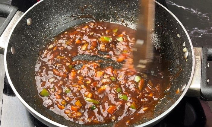Step 2.9: Add tomato ketchup, vinegar, soy sauce, chili sauce, salt, and red chili powder