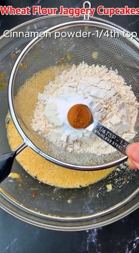 Step 1.5: Place a sieve on top of the bowl and add wheat flour, baking powder, baking soda, and cinnamon powder
