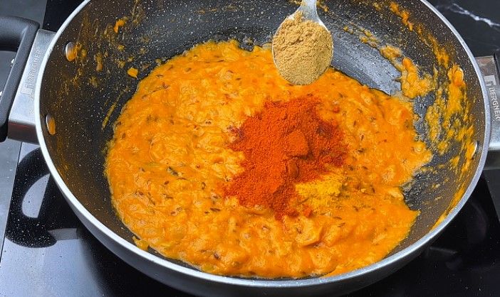 Step 7.3: Add turmeric powder, red chili powder, coriander powder, and salt