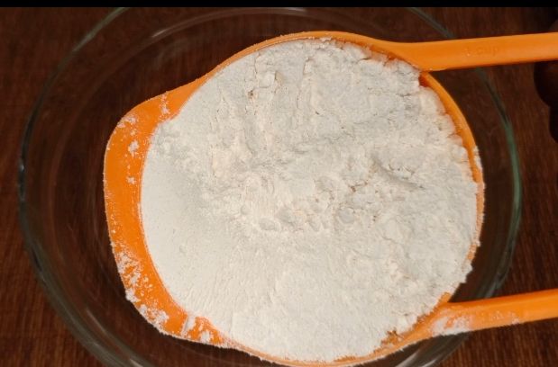 Step 1.2: Add 1 and I/2 of all purpose flour, it's not a must to sieve the flour