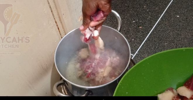 Step 1.1: Meanwhile,in a pot of a sufuria add in thyme leaves, oregano Leaves and parsley Leaves and bring the water to boil and later add in the beef