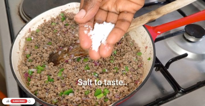 Step 1.3: Stir in the coriander leaves, beef cubes and salt, mixing well