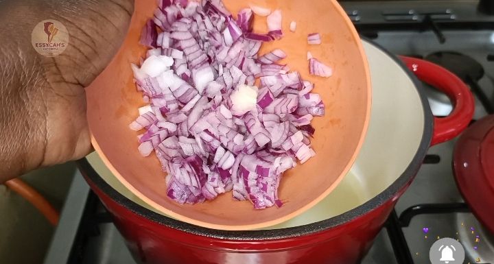 Step 1.2: While the water is heating, dice the tomatoes and red onion
