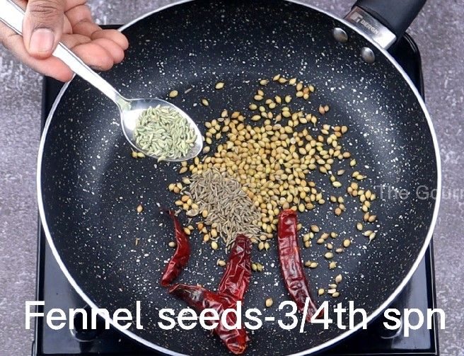 Step 1.5: In a pan, add coriander seeds, dried red chillies, cumin seeds, fennel seeds, peppercorns, cardamom, cloves, and cinnamon stick