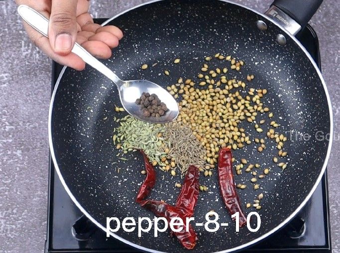 Step 1.6: In a pan, add coriander seeds, dried red chillies, cumin seeds, fennel seeds, peppercorns, cardamom, cloves, and cinnamon stick