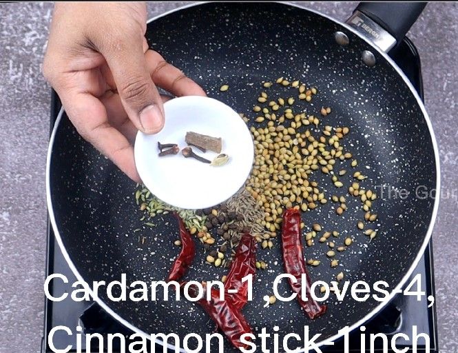 Step 1.7: In a pan, add coriander seeds, dried red chillies, cumin seeds, fennel seeds, peppercorns, cardamom, cloves, and cinnamon stick