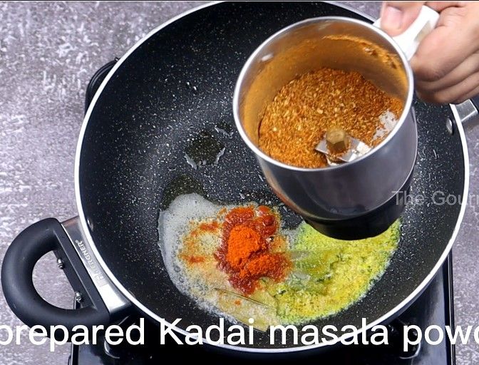 Step 4.6: In the same pan, add butter, bay leaf, turmeric powder, Kashmiri chilli powder, salt, and the prepared kadai masala powder