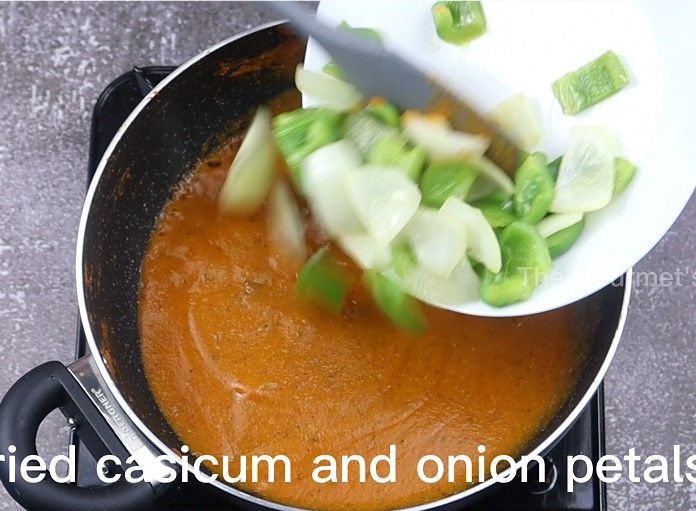 Step 4.1: Add the sauteed onion and capsicum petals, then add cubed paneer