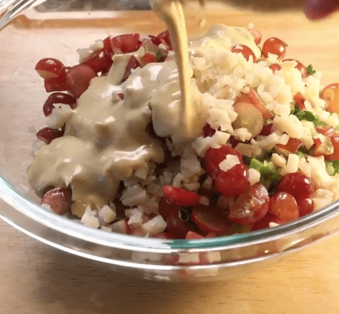 Step 1.1: Pour the dressing over the chicken mixture and stir until everything is well coated