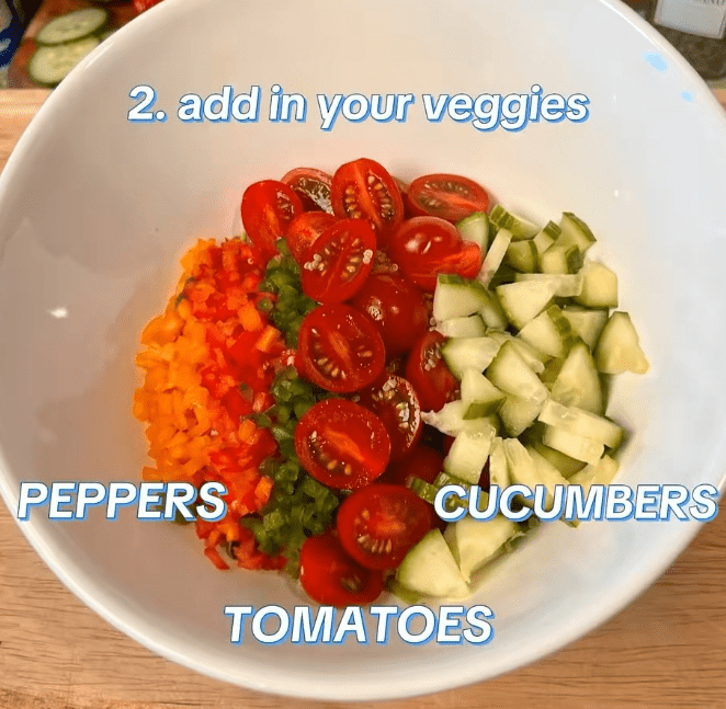 Step 1.1: Top with cherry tomatoes, cucumber, and bell peppers