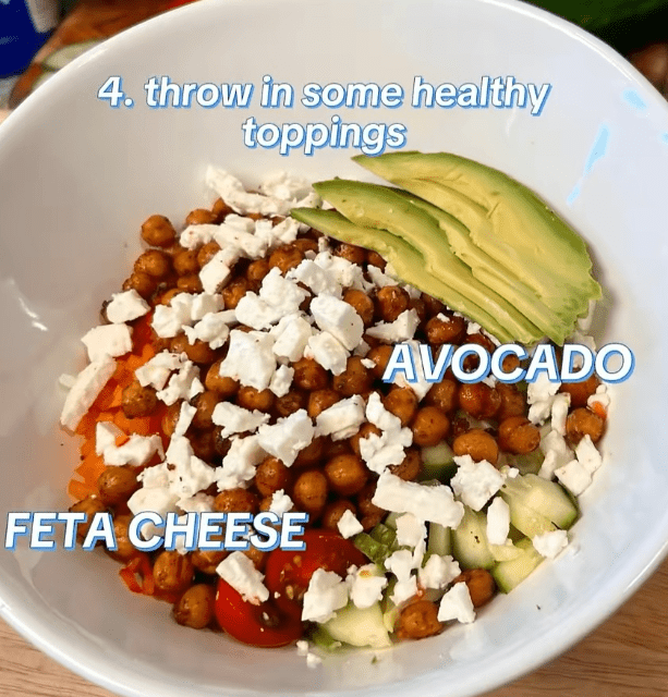 Step 1.1: Crumble on feta cheese and top with sliced avocado