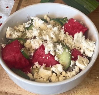 Step 1.1: Toss watermelon, cucumber, red onion, feta, and mint together in a large bowl