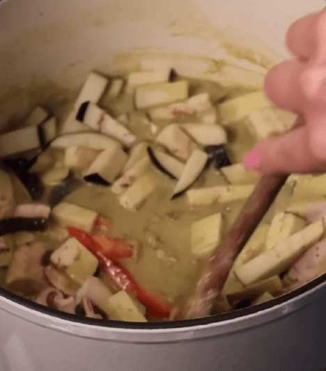 Step 1.1: Add bell pepper, mushrooms, and Japanese eggplant to the pot