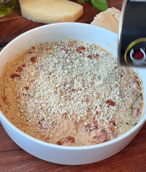 Step 1.1: Mix the baked ingredients until creamy, then top with panko breadcrumbs
