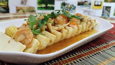 Egg Bean Curd with Braised Mushrooms and Shrimps recipe