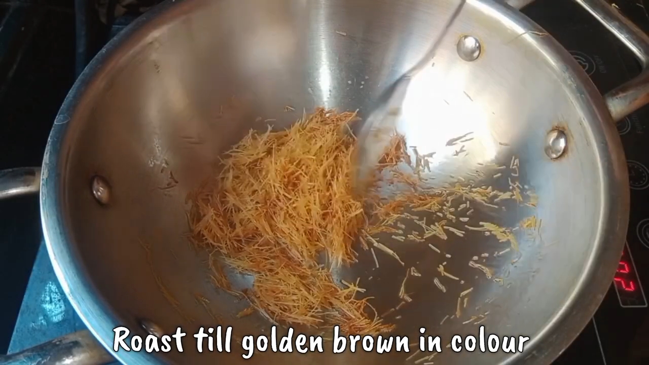 Step 1.2: Heat ghee in a pan and roast the sevaiya until it turns golden brown