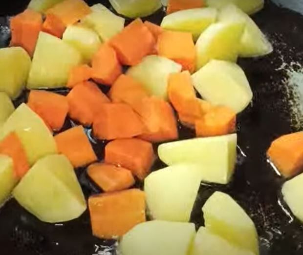 Step 1.1: Pan fry the potatoes and carrots until cooked