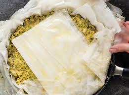 Step 3.1: Spoon the chicken filling into the center of the phyllo layers, spreading it evenly