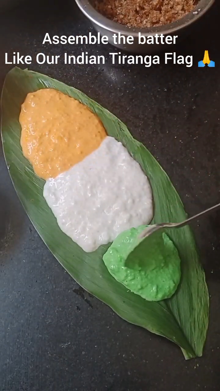 Step 3.1: Apply the batter on the leaf in three sections: orange at the top, white in the middle, and green at the bottom