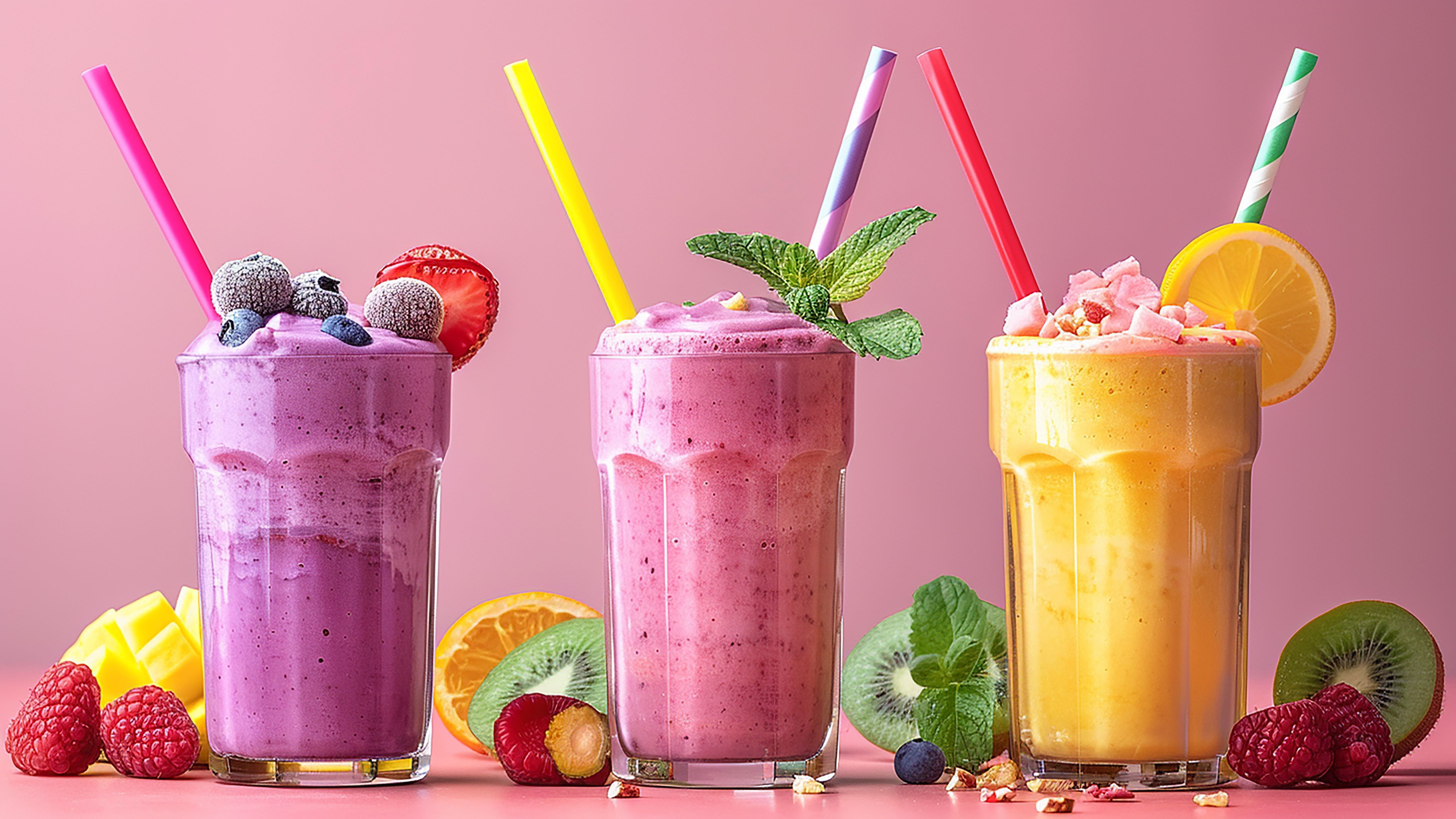 Fruit smoothies in tall glasses with striped straws on a pink background.