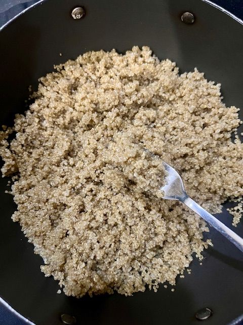 Step 1.1: Rinse 1 cup of quinoa well and boil it in 2 cups of water until cooked and fluffy