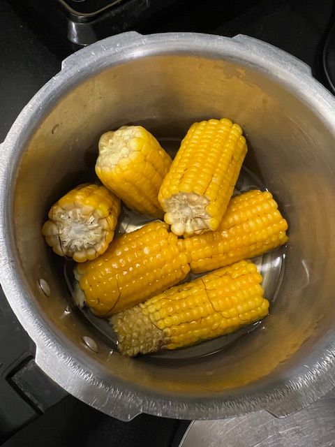 Step 1.1: Let the pressure release naturally, remove the cobs, and reserve the water (this is corn water – sweet and starchy)