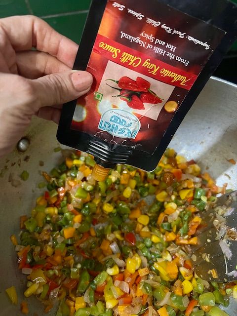 Step 3.2: Add chili sauce, tomato sauce, soy sauce, vinegar, and salt